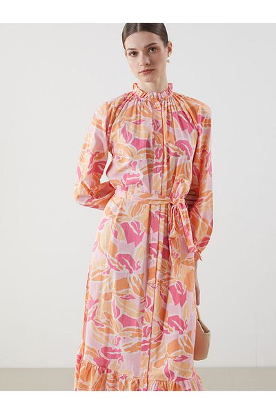 LC Waikiki Green Ruffled Stand Collar Patterned Shirt Dress