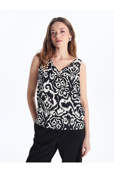 LC Waikiki Blue V-Neck Patterned Women's Blouse