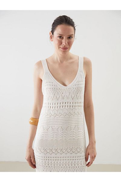 LC Waikiki Γυναικείο πλεκτό φόρεμα LCW V-Neck Openwork