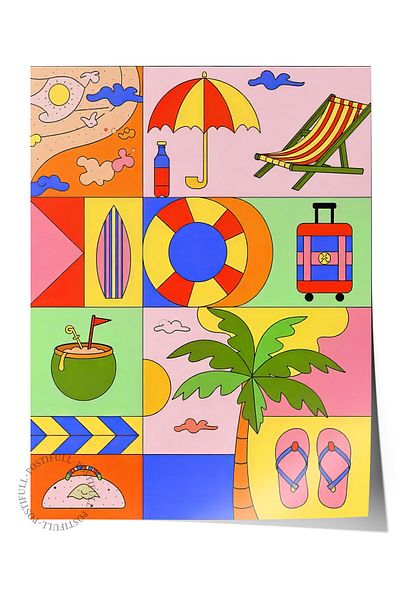 Postifull Frameless Wall Poster, Summer Elements, Illustration Maximalist, Pink Color Poster, Summer Selection of 2025,