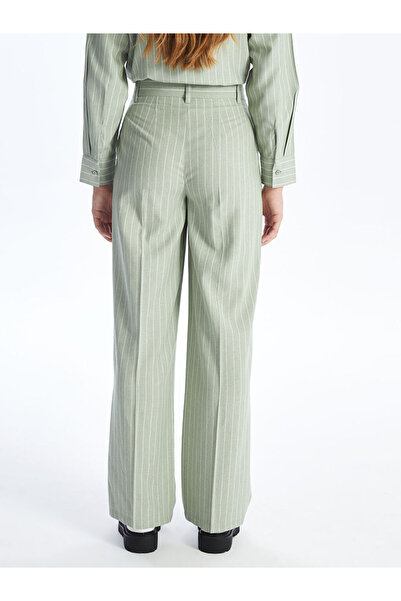 LC Waikiki Khaki Standard Fit Striped Linen Blend Women's Trousers