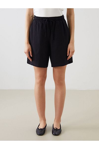 LC Waikiki New Black Women's Shorts with Elastic Waist and Linen Blend