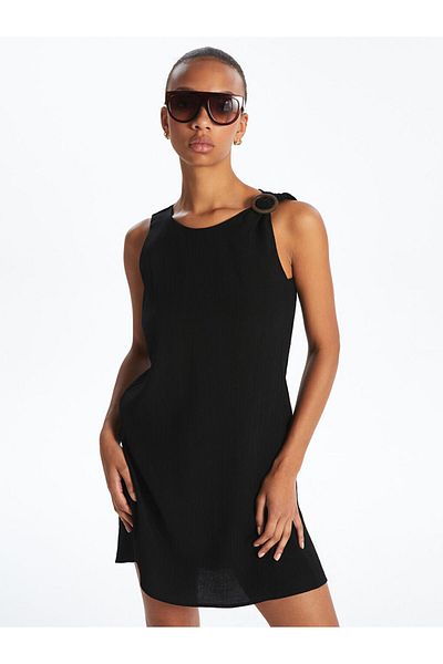 LC Waikiki Khaki Crew Neck Textured A-Line Mini Dress