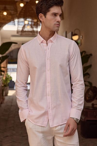 Livio Ferri Turi Men's Cotton Shirt Modern Slim Fit Linen Look Long Sleeve