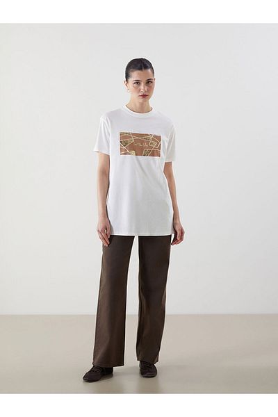LC Waikiki Ecru Crew Neck Printed Women's T-Shirt