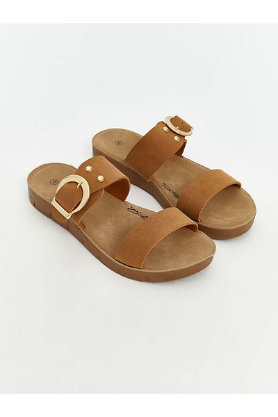 LC Waikiki Lcw Steps Beige Leather Look Double Banded Women's Slippers