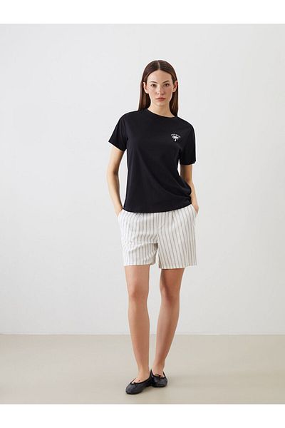 LC Waikiki Black Elastic Waist Striped Linen Look Women's Shorts