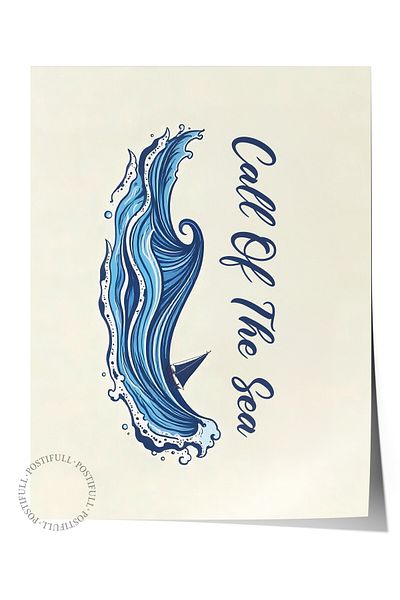 Postifull Poster de perete fără încadrare, Apelul mării, Ilustrație, Poster de culoare albastră, Selecția de vară 2025, NR:1095
