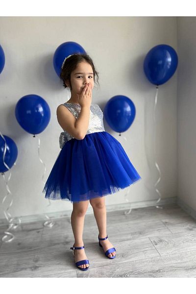 Sare Çocuk Giyim Saks Blue Tutu Φούστα Λεπτομερής Ασημένια Παγιέτα Κοριτσίστικο Φόρεμα για πάρτι