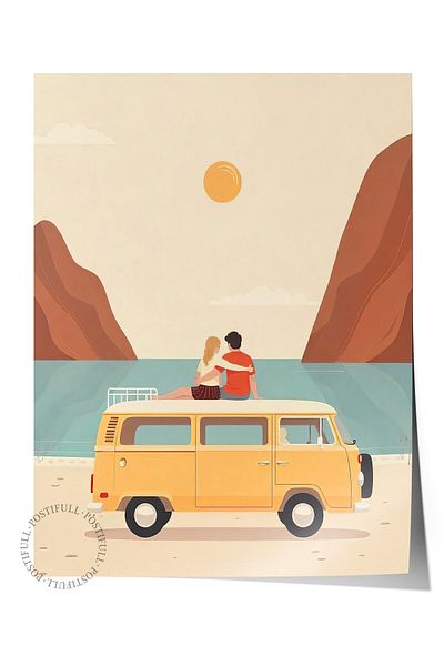 Postifull Frameless Wall Poster, Sunset and Couple, Illustration, Yellow Color Poster, 2025 Summer Selection, No:1
