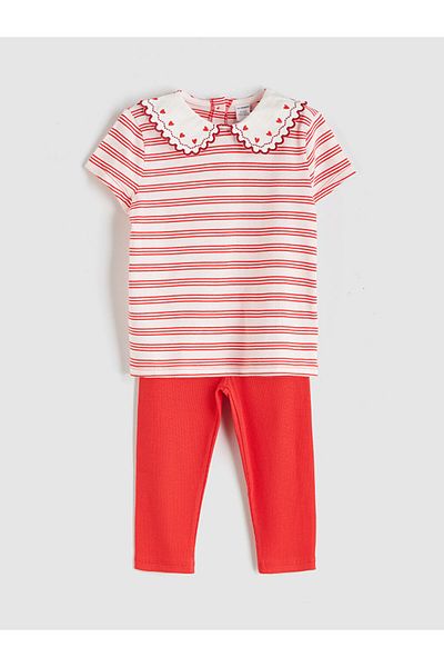 LC Waikiki Ecru Baby Collar Striped Girl's T-Shirt and Shorts 2-Piece Set