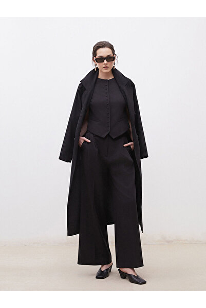 LC Waikiki Black Loose Fit Crepe Women's Pleated Trousers