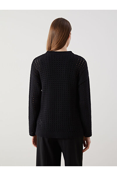 LC Waikiki Black Crew Neck Openwork Women's Knitwear Tunic