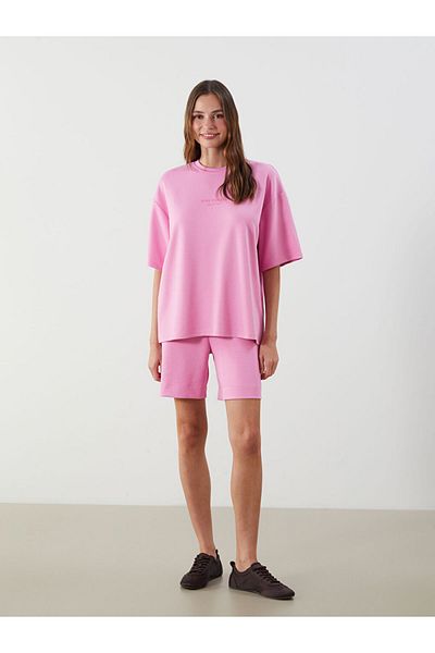 LC Waikiki Pink Lilac Crew Neck Printed Oversize Women's T-Shirt
