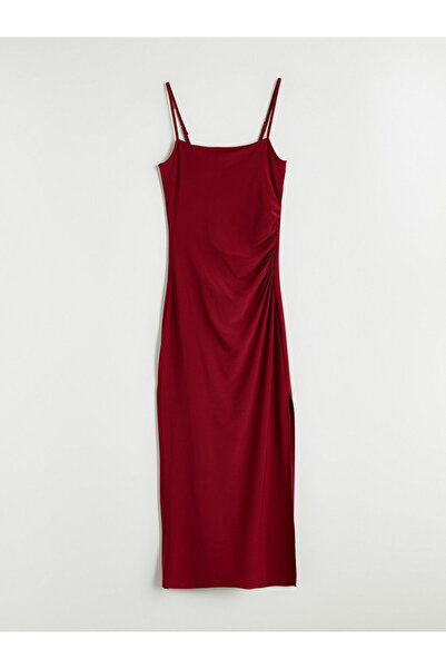 LC Waikiki Burgundy Square Neck Strap Gathered Dress