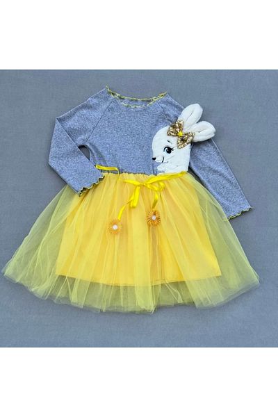 ALFA AKSESUAR 03 5-6-7 Years Old Plush Rabbit Print Ribbon Belted Lined Girl's Tutu Dress Yellow