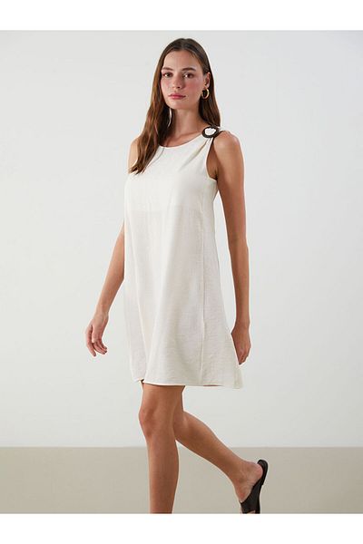 LC Waikiki Khaki Crew Neck Textured A-Line Mini Dress