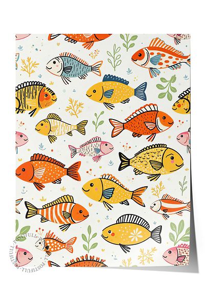 Postifull Frameless Wall Poster, Fish Group, Illustration Maximalist, Yellow Color Poster, 2025 Summer Selection,