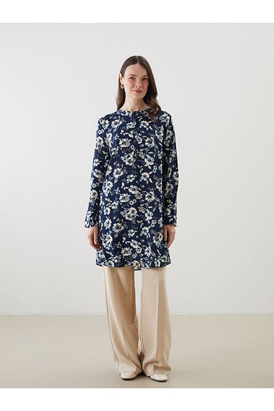LC Waikiki Grace Navy Blue Judge Collar Patterned Women's Tunic