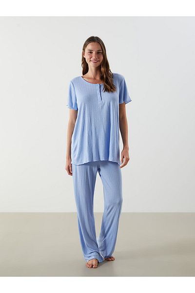 LC Waikiki Blue Crew Neck Textured Women's Pajama Set