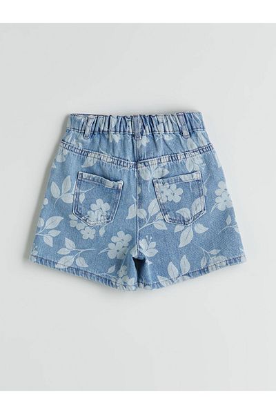 LC Waikiki Floral Girl's Jean Shorts with Adjustable Elastic Waist