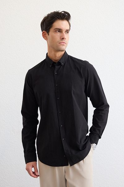 Livio Ferri Turi Men's Cotton Shirt Modern Slim Fit Linen Look Long Sleeve