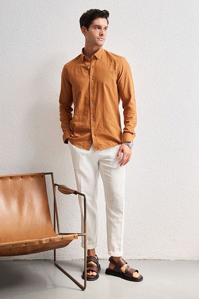 Livio Ferri Turi Men's Cotton Shirt Modern Slim Fit Linen Look Long Sleeve