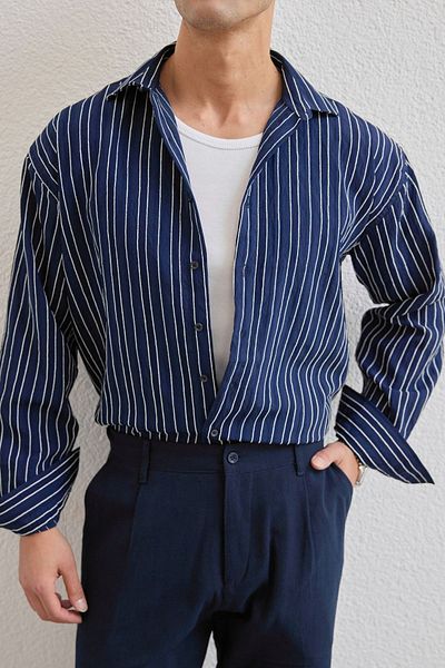 Livio Ferri Tugur Men's Striped Oversize Premium Shirt Soft Touch Refined Comfort