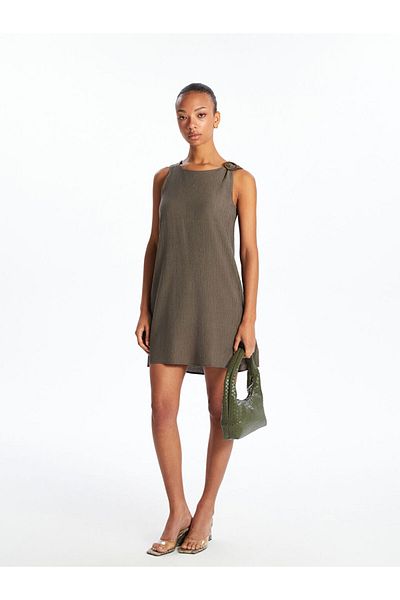 LC Waikiki Khaki Crew Neck Textured A-Line Mini Dress