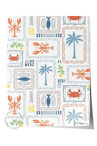 Postifull Frameless Wall Poster, Beach Elements, Illustration, Blue Color Poster, 2025 Summer Selection, No:109696