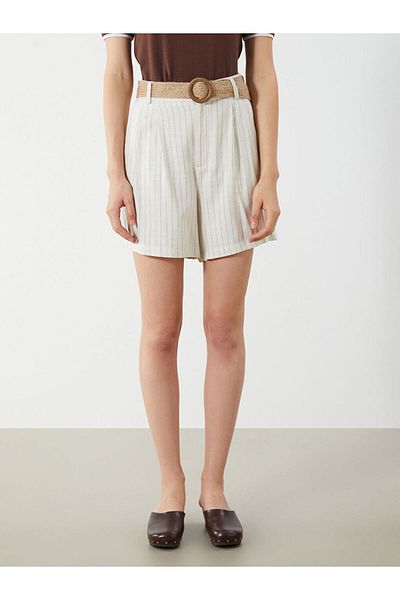 LC Waikiki Beige Waist Belted Striped Linen Blend Women's Shorts