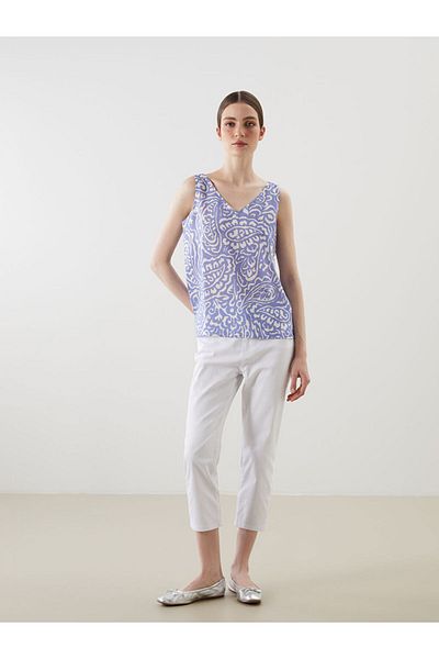 LC Waikiki Blue V-Neck Patterned Women's Blouse
