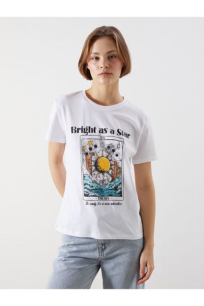 LC Waikiki Γυναικείο μπλουζάκι με στάμπα LCW Crew Neck