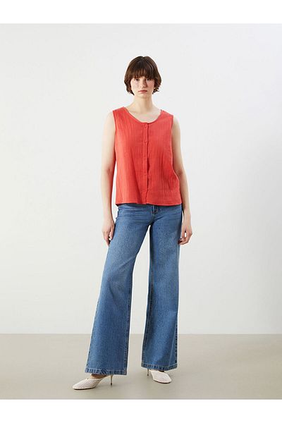 LC Waikiki Green U-Neck Textured Muslin Blouse