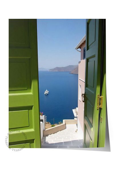 Postifull Frameless Wall Poster, Door Opening to the Sea, Photo, Green Color Poster, 2025 Summer Selection, No:1096