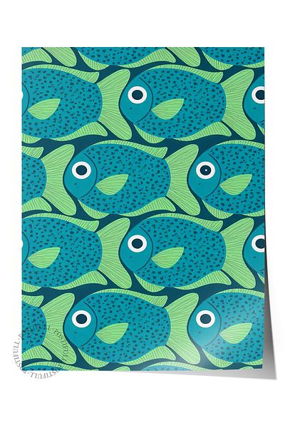 Postifull Frameless Wall Poster, Green Fishes, Illustration, Green Color Poster, 2025 Summer Selection, No:1097