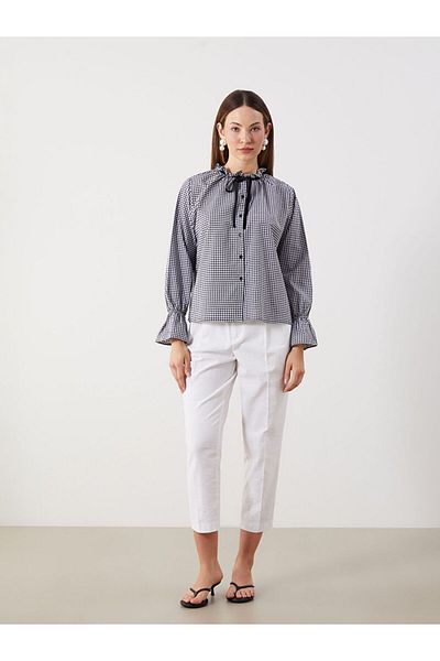 LC Waikiki Tie Collar Plaid Buttoned Blouse
