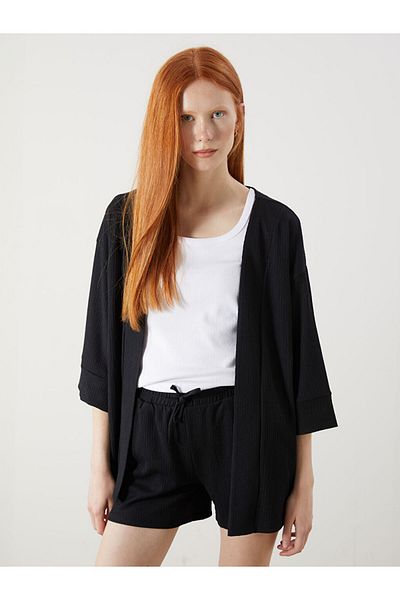 LC Waikiki Xside Black Shawl Collar Textured Oversize Women's Kimono
