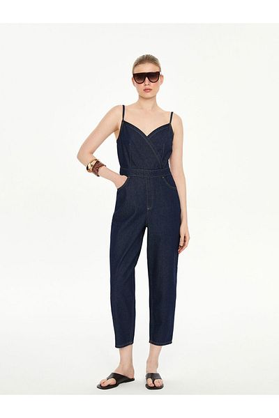 LC Waikiki Double Breasted Collar Strap Women's Jean Jumpsuit