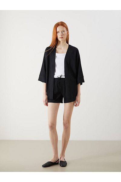 LC Waikiki Xside Black Shawl Collar Textured Oversize Women's Kimono