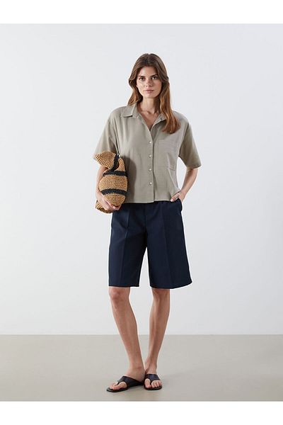 LC Waikiki Khaki Crop Linen Blend Women's Shirt