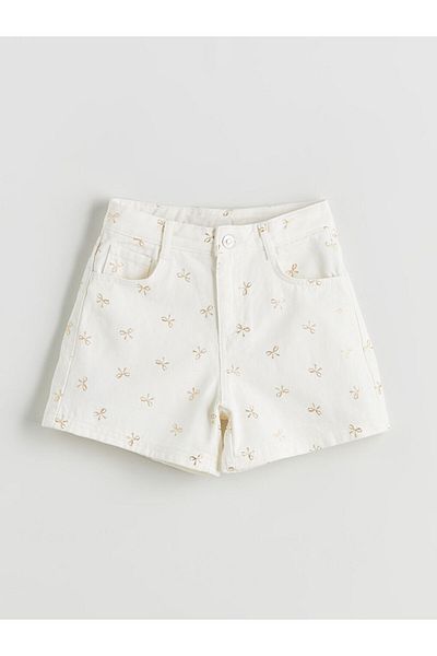 LC Waikiki Ecru Bow Printed Girl's Jean Shorts