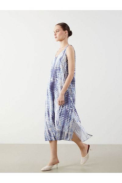 LC Waikiki Blue V-Neck Patterned Dress