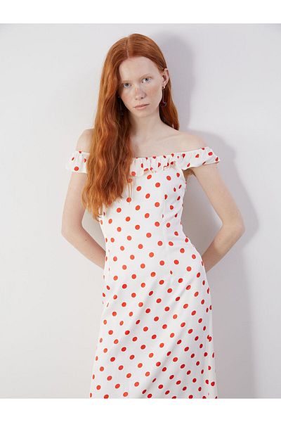 LC Waikiki Lcw Strapless Neckline Polka Dot Satin Dress Fast Fashion