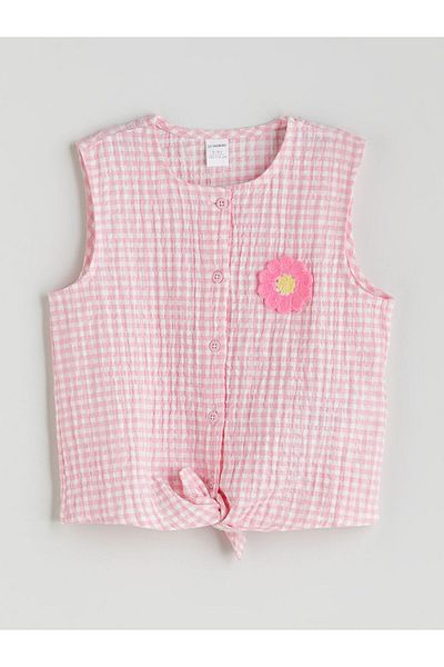 LC Waikiki Pink Sleeveless Floral Plaid Girl's Shirt