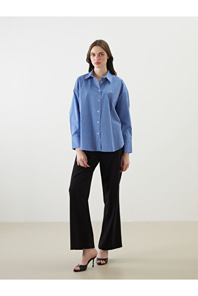 LC Waikiki Mavi Çizgili Oversize Poplin Kadın Gömlek