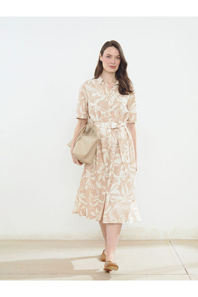 LC Waikiki Beige Floral Linen Blend Women's Shirt Dress