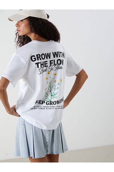 LC Waikiki Tricou de damă cu imprimeu alb cu decolteu rotund XSIDE