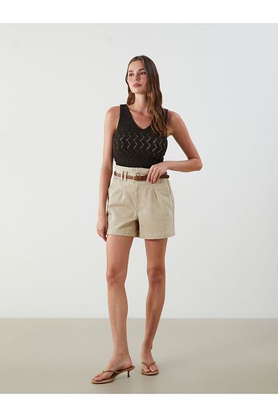 LC Waikiki Jeans Beige Waist Belted Paperbag Women's Jean Shorts
