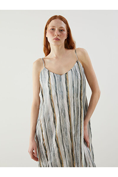 LC Waikiki New Season from Güli̇s Gi̇yi̇m Green V-Neck Striped Strap Satin Dress